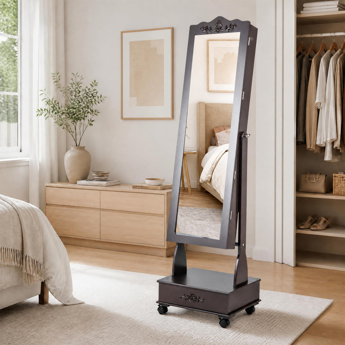 Jewelry Cabinet Armoire Freestanding, Lockable Jewelry Organizer with 3-position Adjustable Angle