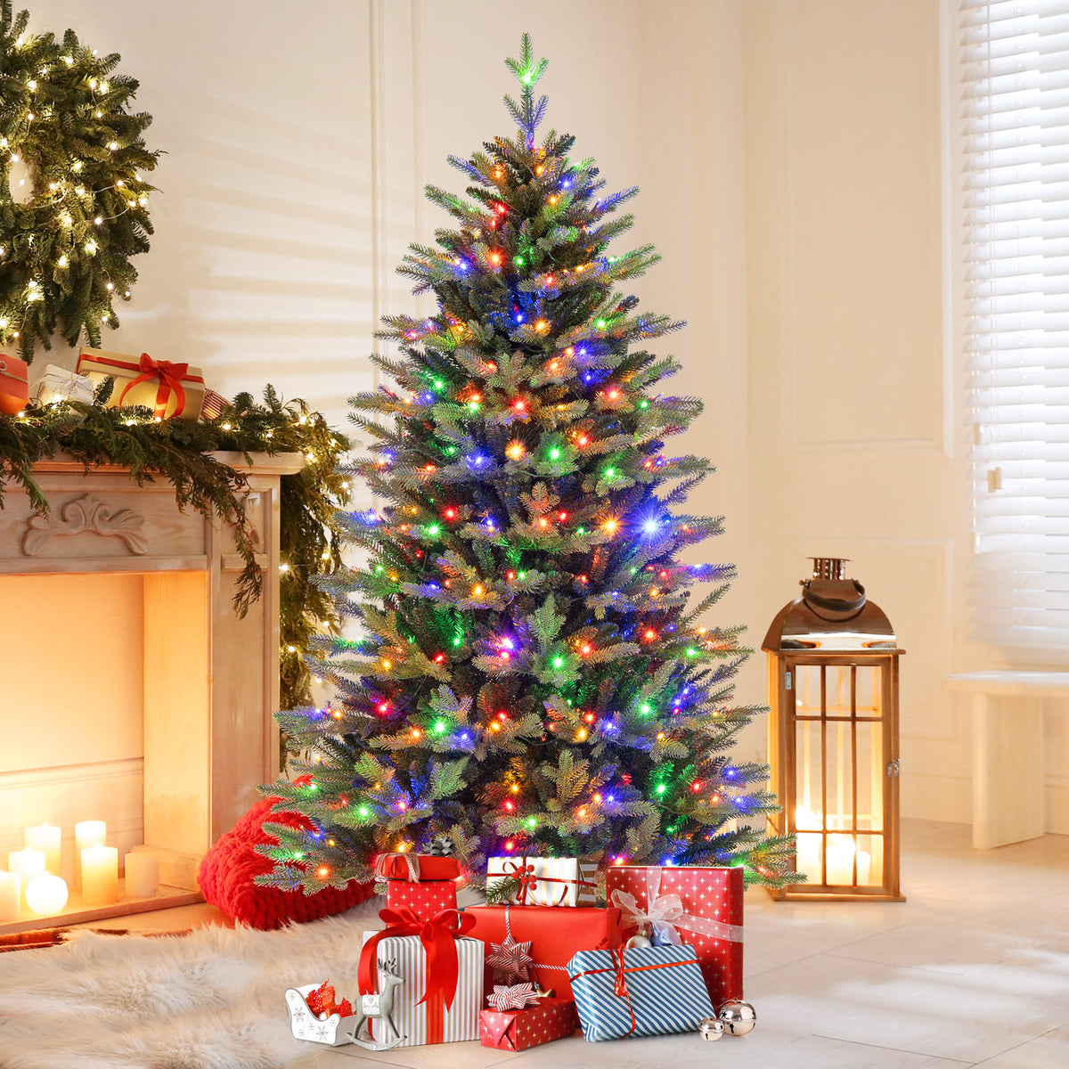 5FT Prelit Artificial Christmas Tree, Hinged Christmas Tree with 250 LED Lights