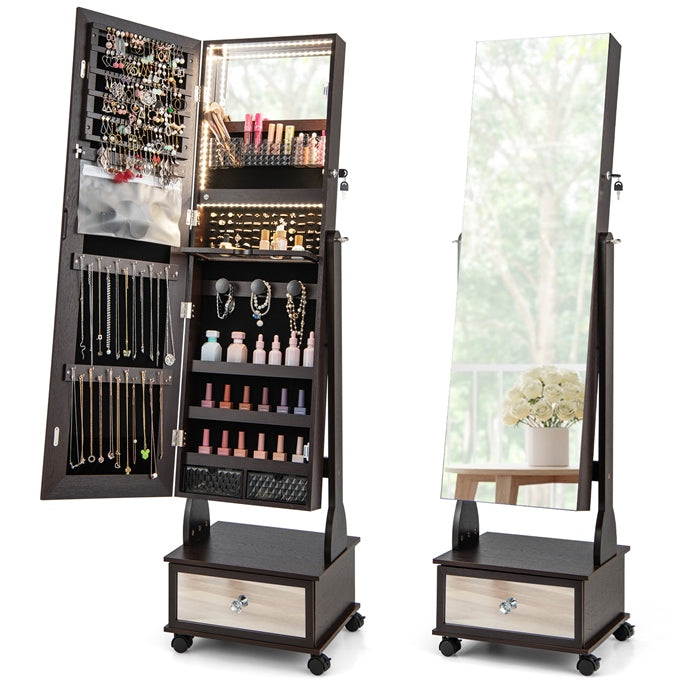 Standing Jewelry Cabinet Armoire with Wheels, Lockable Jewelry Storage Organizer with Full Length Mirror