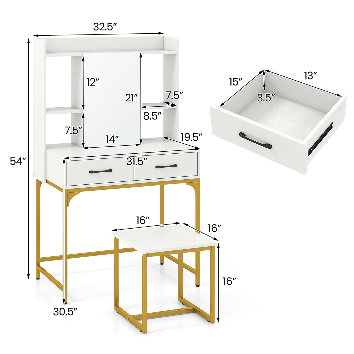 Vanity Desk Set with Charging Station, Modern Dressing Table with Mirror Cabinet