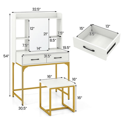 Vanity Desk Set with Charging Station, Modern Dressing Table with Mirror Cabinet