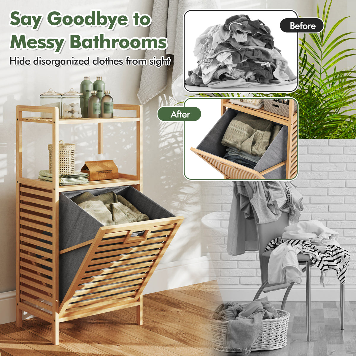 Tilt-out Laundry Hamper with 2-Tier Shelves, Bamboo Laundry Baskets Organizer with Removable & Foldable Fabric Liner