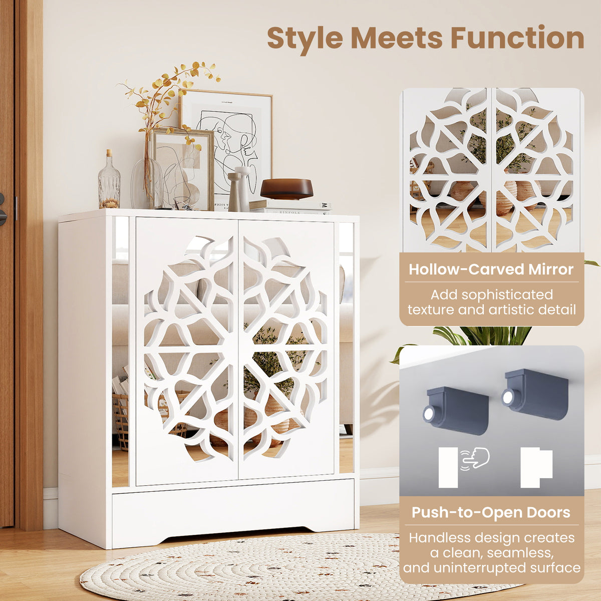 Shoe Storage Cabinet, 4-Tier Mirrored Shoe Cabinet with Doors and Bottom Drawer