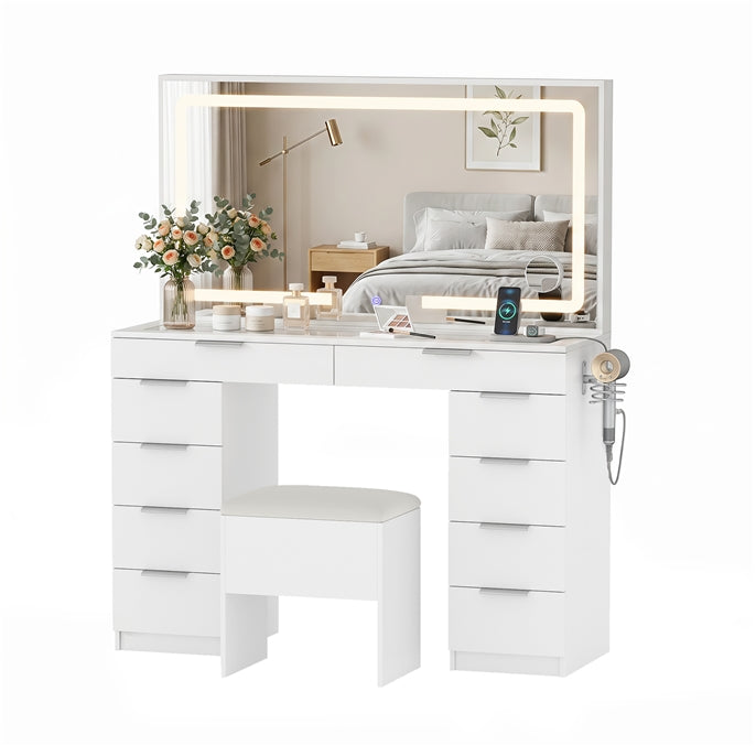 White Vanity Desk with Mirror, Lights, Charging Station, Glass Top