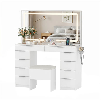 White Vanity Desk with Mirror, Lights, Charging Station, Glass Top