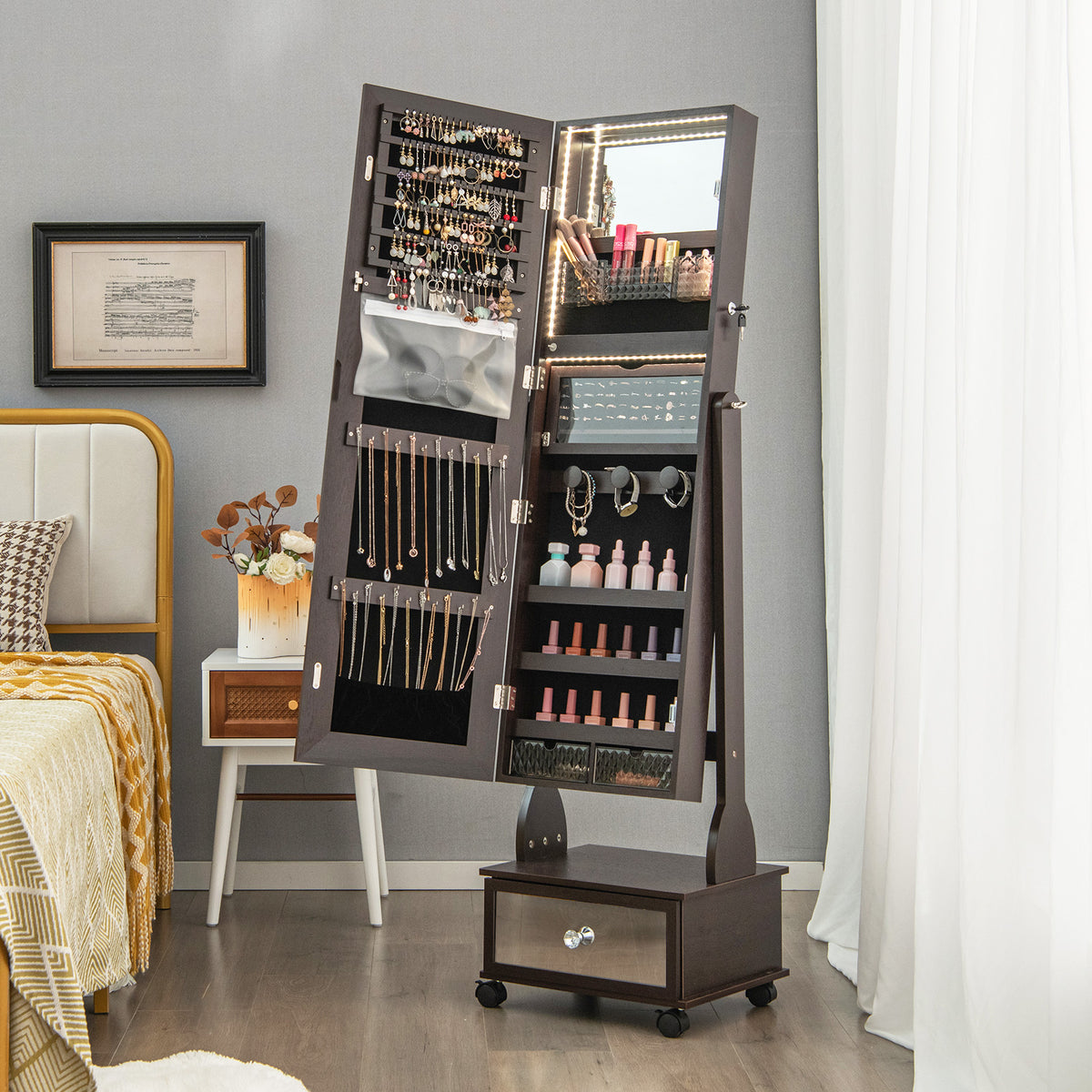 Standing Jewelry Cabinet Armoire with Wheels, Lockable Jewelry Storage Organizer with Full Length Mirror