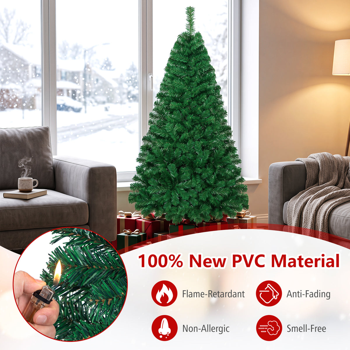 5FT PVC Artificial Green Christmas Tree Home Holiday Décor with Metal Stand 350 Branches Holiday Indoor Decoration