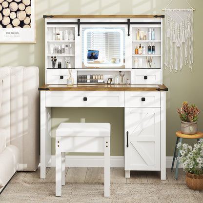Farmhouse Vanity Desk with Sliding Mirror and Lights, Makeup Vanity Desk Set with Glass Desktop