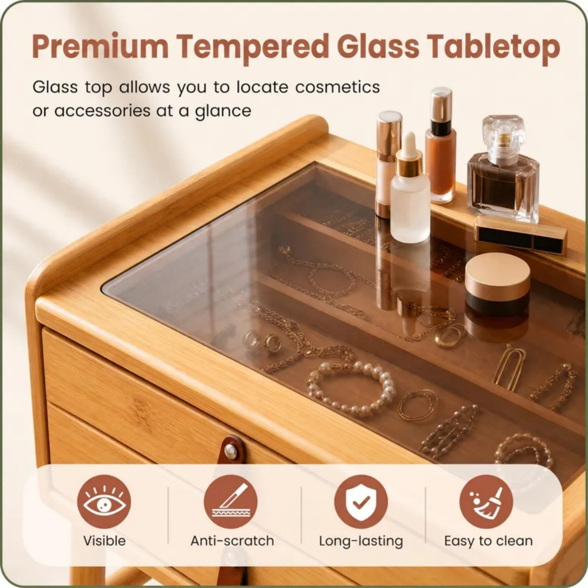 Makeup Vanity Table with Mirror, Bamboo Dressing Table with 2 Storage Drawers and Tempered Glass Table Top
