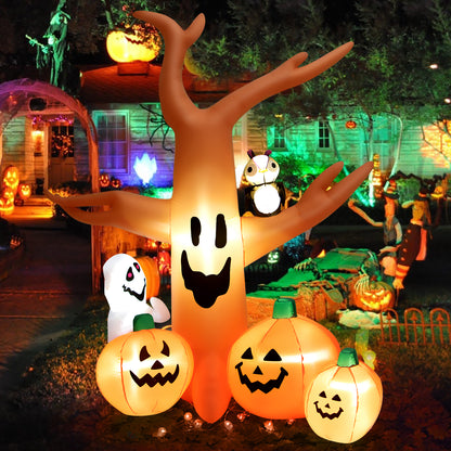 8 FT Halloween Inflatable Dead Tree with Pumpkins, Ghost and Owl, Blow up Yard Scary Tree with Bright LED Lights