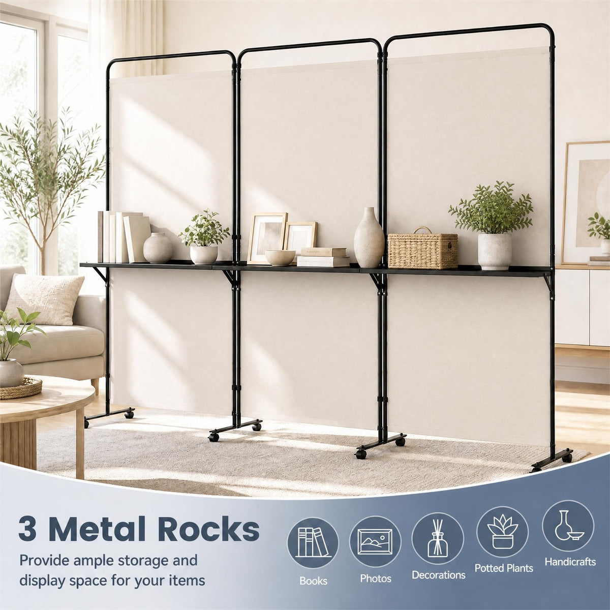3 Panel Room Divider with Storage Shelves, 6FT Folding Privacy Screen with Lockable Wheels