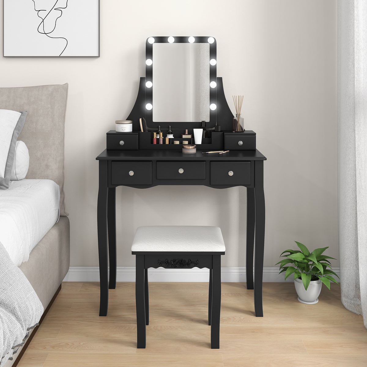 Vanity Table Set with Lighted Rotatable Mirror, Makeup Table with 3-Color Lights
