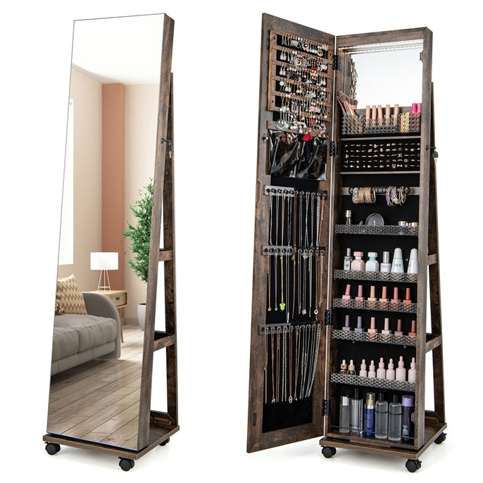 Jewelry Cabinet with Full Length Mirror, Lockable Jewelry Storage Organizer with Wheels