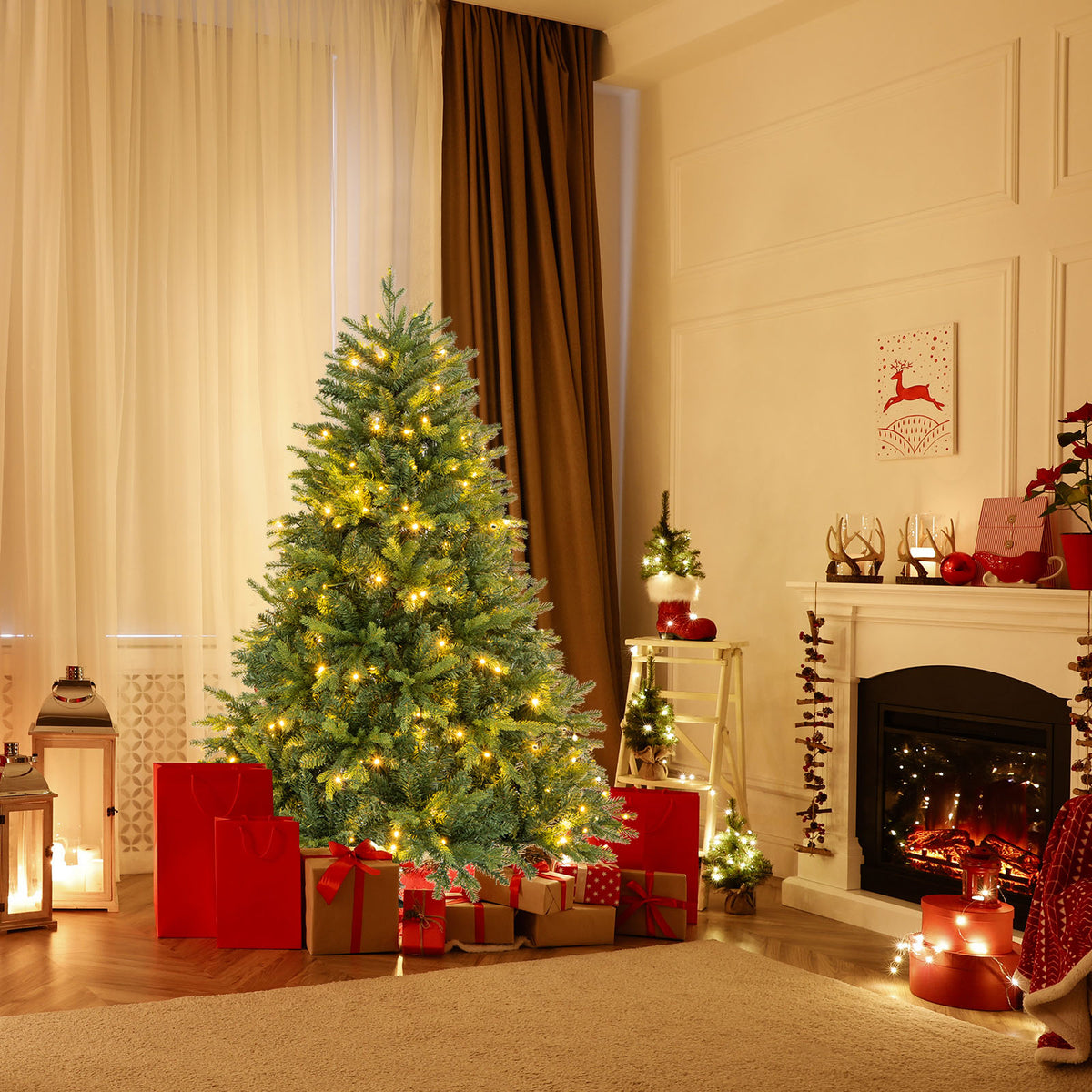 5FT Prelit Artificial Christmas Tree, Hinged Christmas Tree with 250 LED Lights