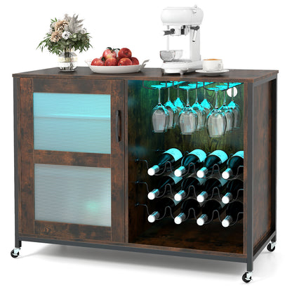 Wine Bar Cabinet with Wheels and LED Lights, Industrial Coffee Bar Cabinet for Liquor