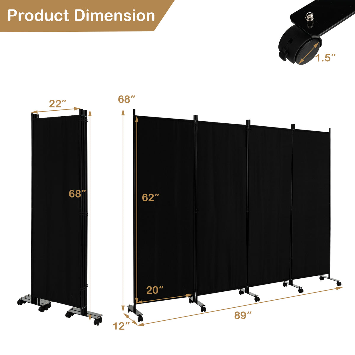 4 Panel Folding Room Divider, 6FT Rolling Privacy Screen with Lockable Wheels