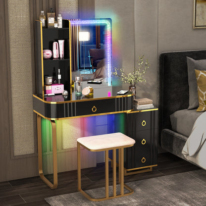 RGB Vanity Table Set with Mirror and Lights, Makeup Vanity Desk with Dimmable LED Lights