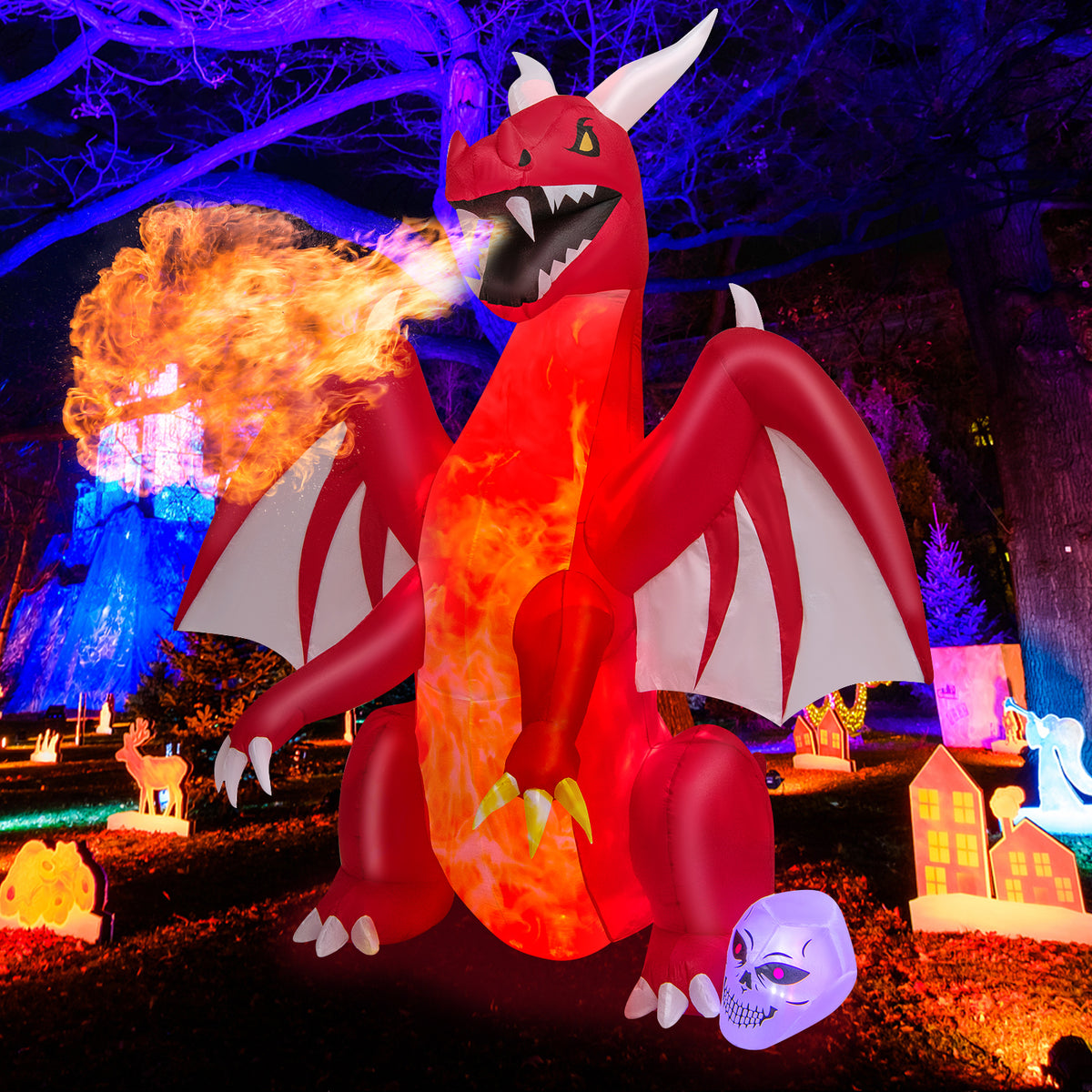 8 FT Halloween Inflatable Fire Dragon, Flash Blow up Lighted Inflatables with Multi-Color Skull