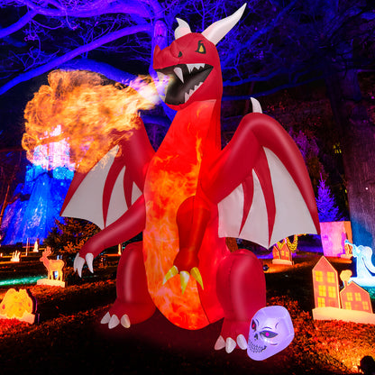 8 FT Halloween Inflatable Fire Dragon, Flash Blow up Lighted Inflatables with Multi-Color Skull