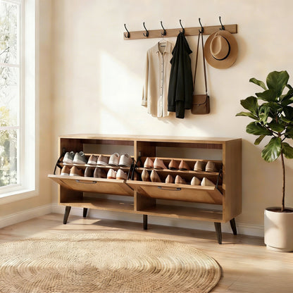 Rattan Shoe Storage Cabinet with 2 Flip Drawers, Hidden Shoe Storage Organizer with Adjustable Shelves and Metal Legs