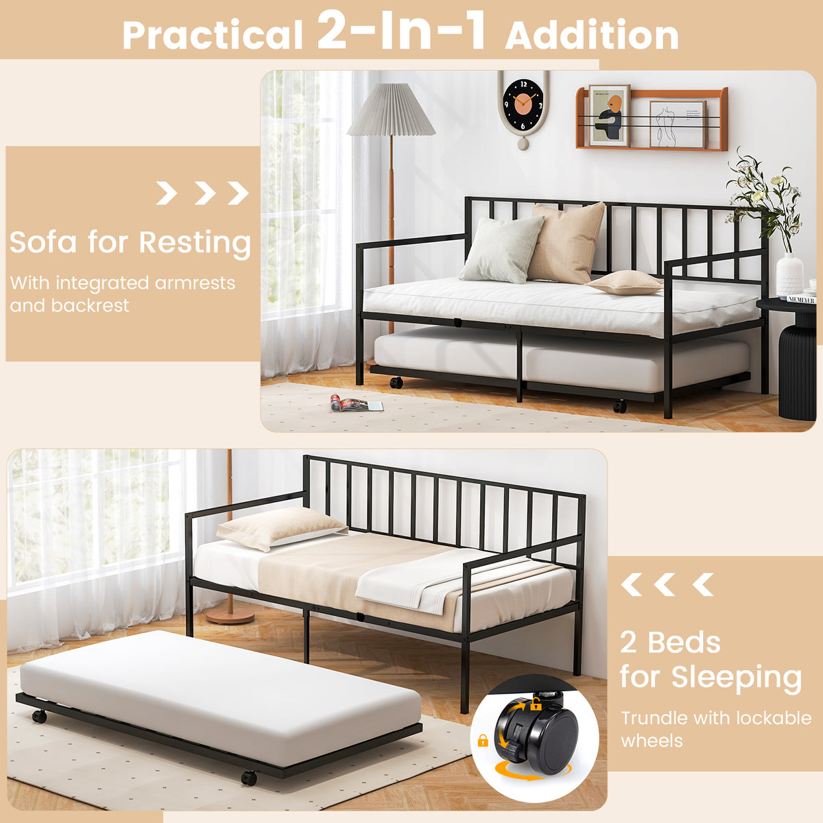Daybed with Trundle Twin Size, Space-Saving Sofa Bed Frame with Rolling Pull-Out Bed