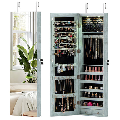 Jewelry Cabinet Wall Door Mounted, 47.5” Frameless Full Length Mirror with Storage & LED Lights