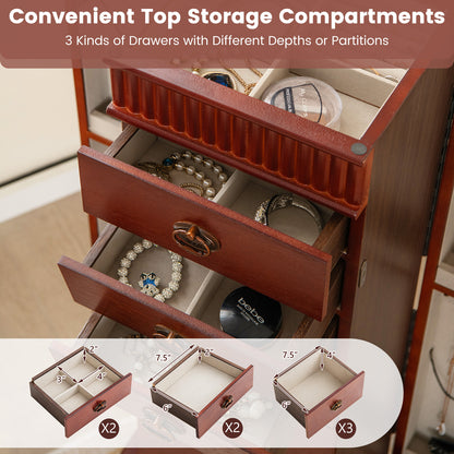 Jewelry Cabinet Armoire, Standing Jewelry Storage Organizer with Flip Top Makeup Mirror & 7 Drawers