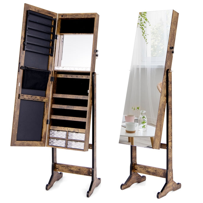 Jewelry Cabinet Freestanding, Lockable Jewelry Armoire Organizer with Full-length Frameless Mirror