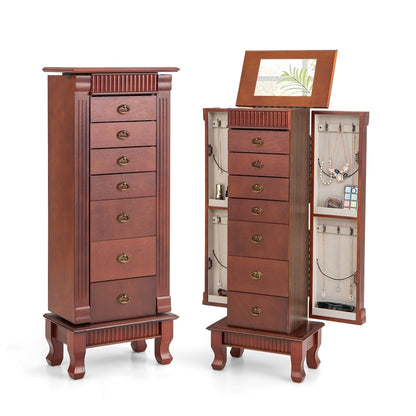 Jewelry Cabinet Armoire, Standing Jewelry Storage Organizer with Flip Top Makeup Mirror & 7 Drawers