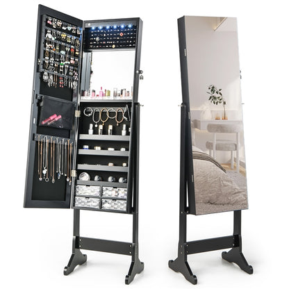 Jewelry Cabinet Freestanding, Lockable Jewelry Armoire Organizer with Full-length Frameless Mirror