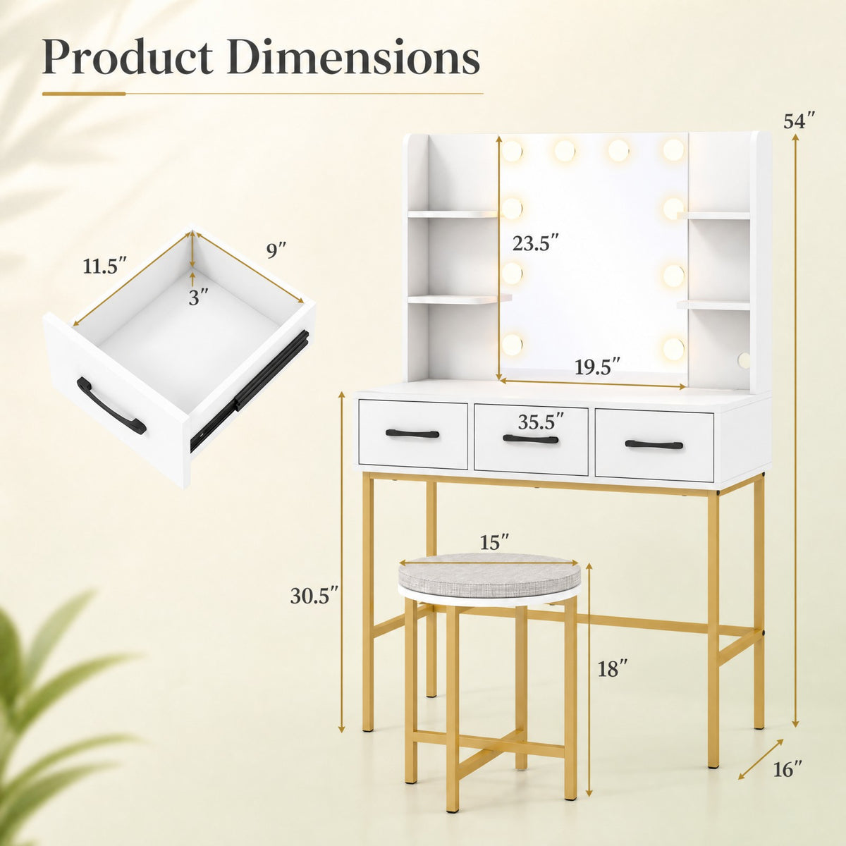 Vanity Desk with Lights & Charging Station, White & Gold Makeup Vanity with Chair