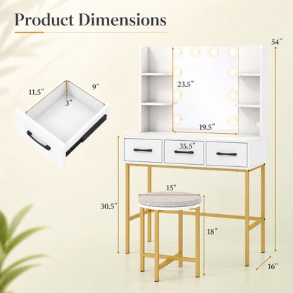 Vanity Desk with Lights & Charging Station, White & Gold Makeup Vanity with Chair