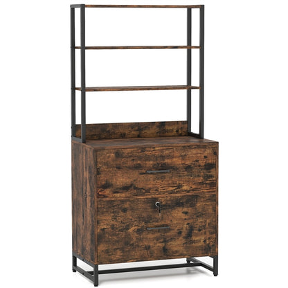 2 Drawer File Cabinet with Open Shelves, Letter Size Large Modern Filing Printer Stand with Lock