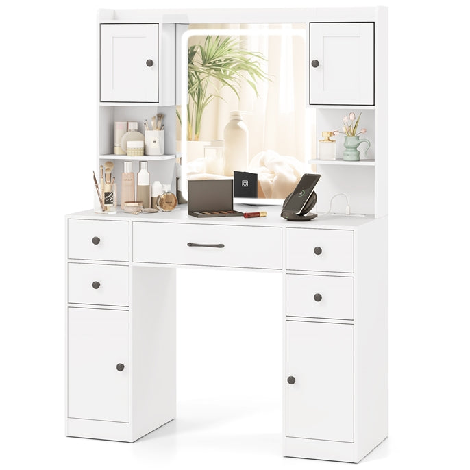 Makeup Vanity Desk with Mirror and Lights, Dressing Table with Charging Station