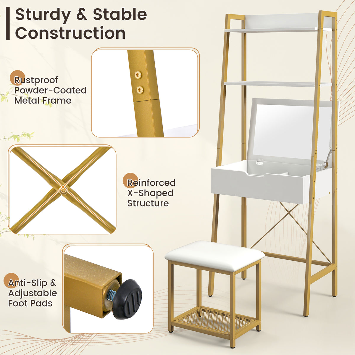 Vanity Table Set with Flip Top Mirror, Ladder Vanity Desk and Cushioned Stool Set with Shelves and Hidden Storage Compartments