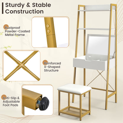 Vanity Table Set with Flip Top Mirror, Ladder Vanity Desk and Cushioned Stool Set with Shelves and Hidden Storage Compartments