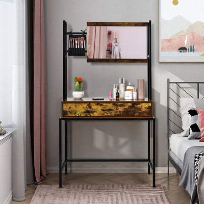Industrial Vanity Table with 3-Position Adjustable Mirror, Makeup Dressing Table with Cosmetic Brush Pouch and 1 Large Drawer