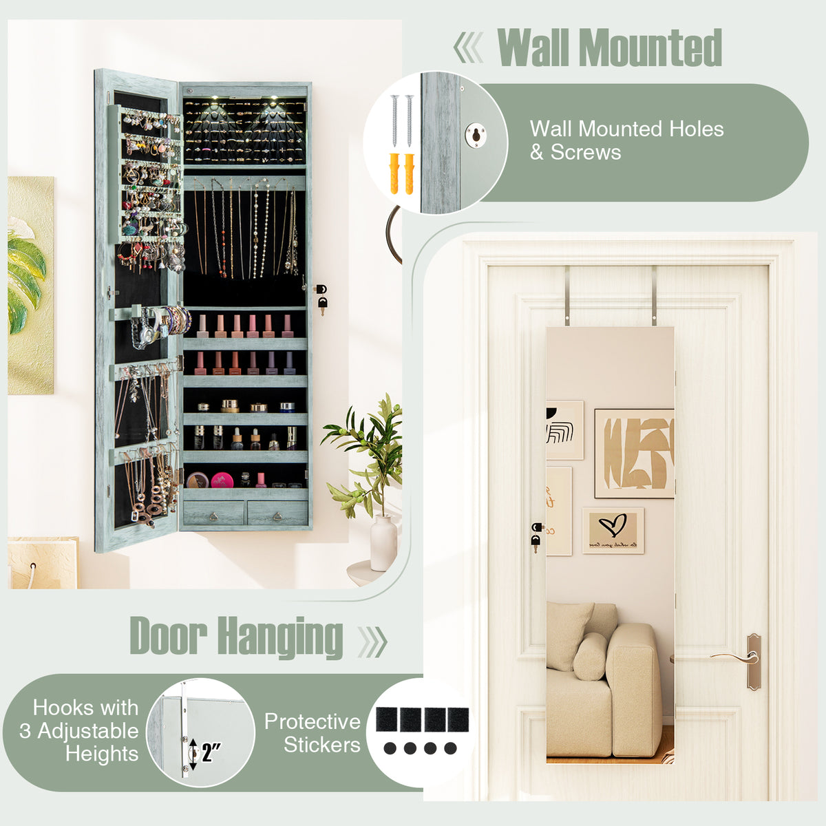 Jewelry Cabinet Wall Door Mounted, 47.5” Frameless Full Length Mirror with Storage & LED Lights