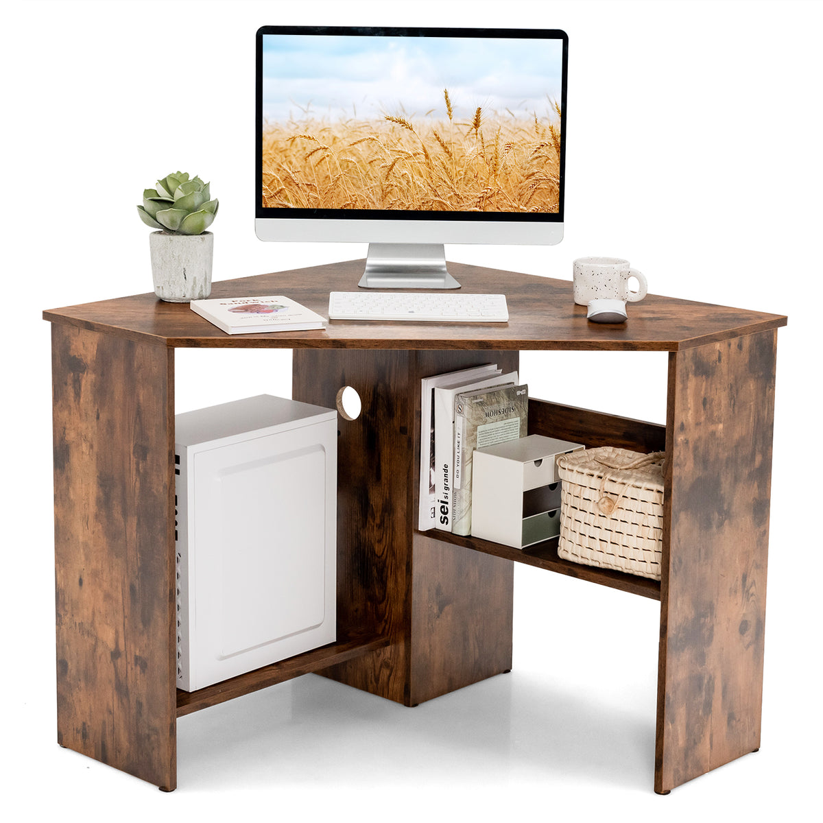 Corner Desk with Storage Shelves, Triangular Computer Desk with Cable Management Holes