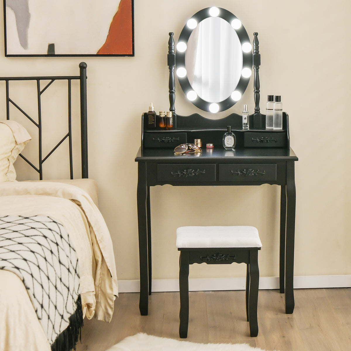 Vanity Table Set with Lighted Rotatable Mirror, Dressing Table with 3-Color Lights & Adjustable Brightness