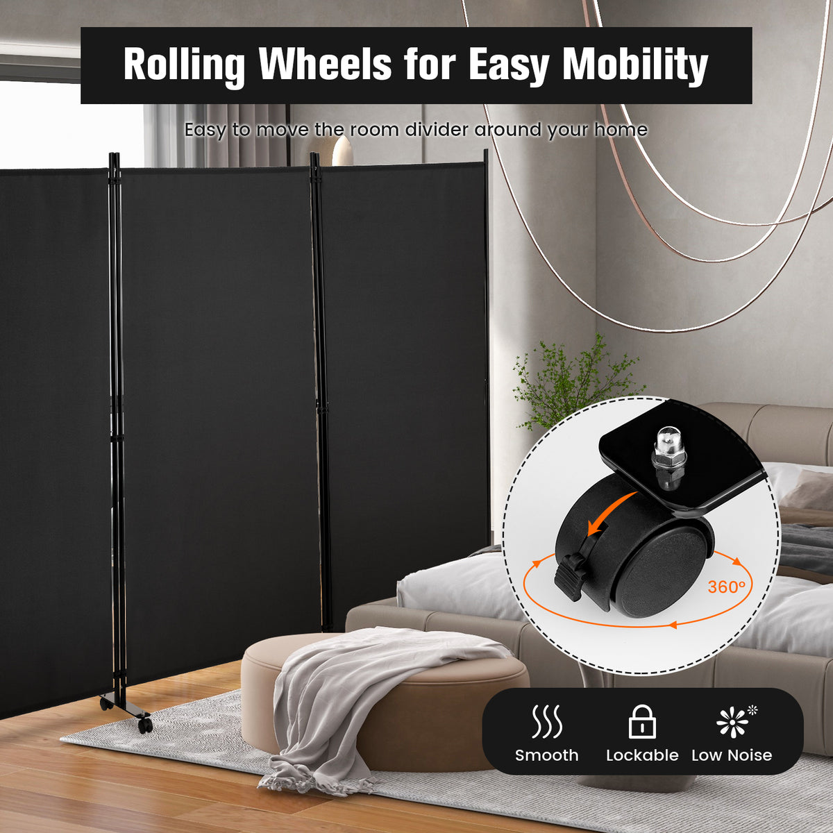 3 Panel Folding Room Divider, 6FT Rolling Privacy Screen with Lockable Wheels