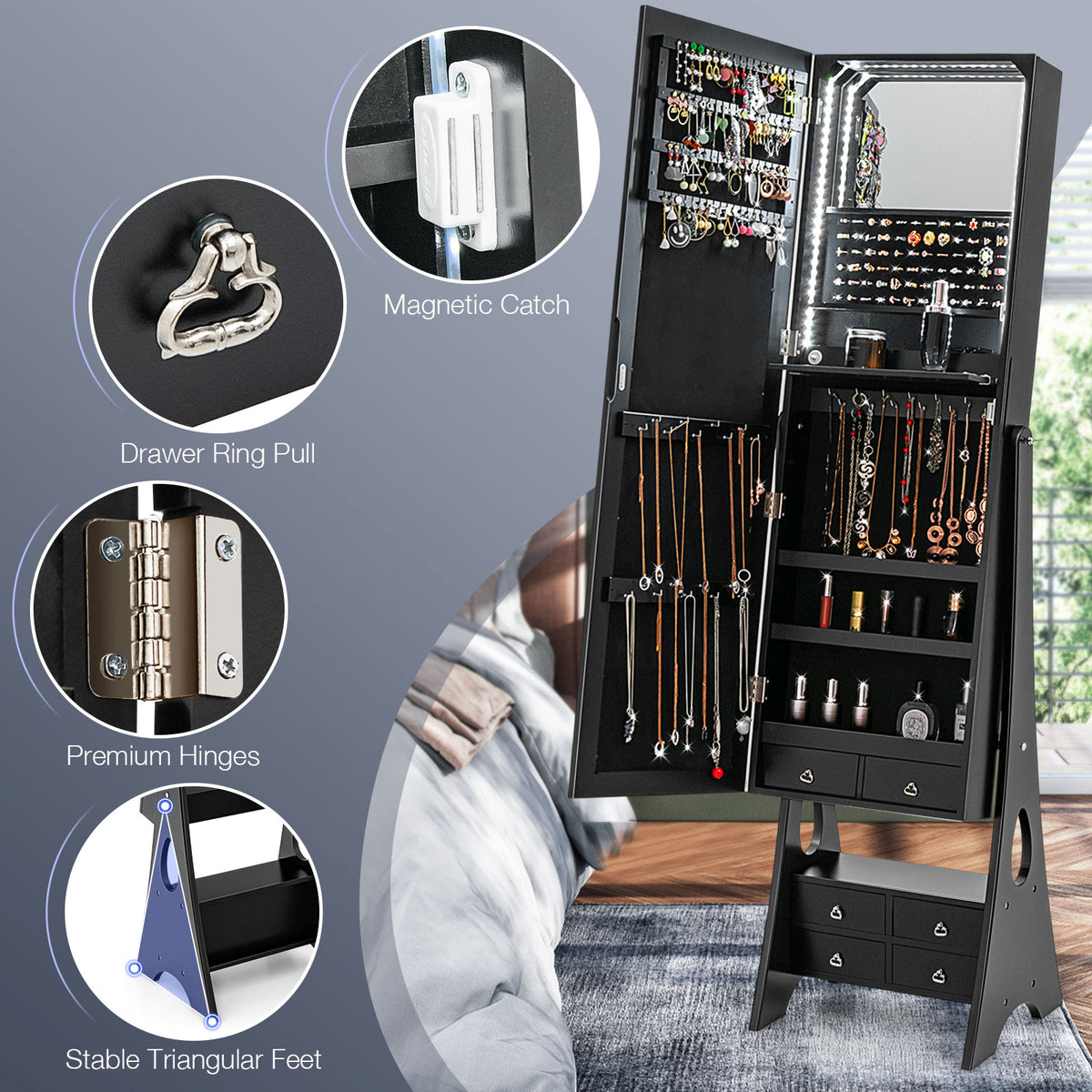 Jewelry Cabinet Freestanding, LED Lighted Jewelry Armoire with Full-length Frameless Mirror