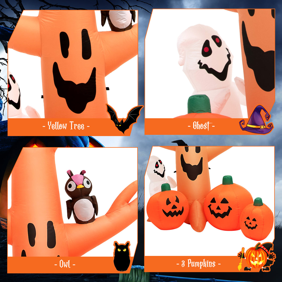 8 FT Halloween Inflatable Dead Tree with Pumpkins, Ghost and Owl, Blow up Yard Scary Tree with Bright LED Lights
