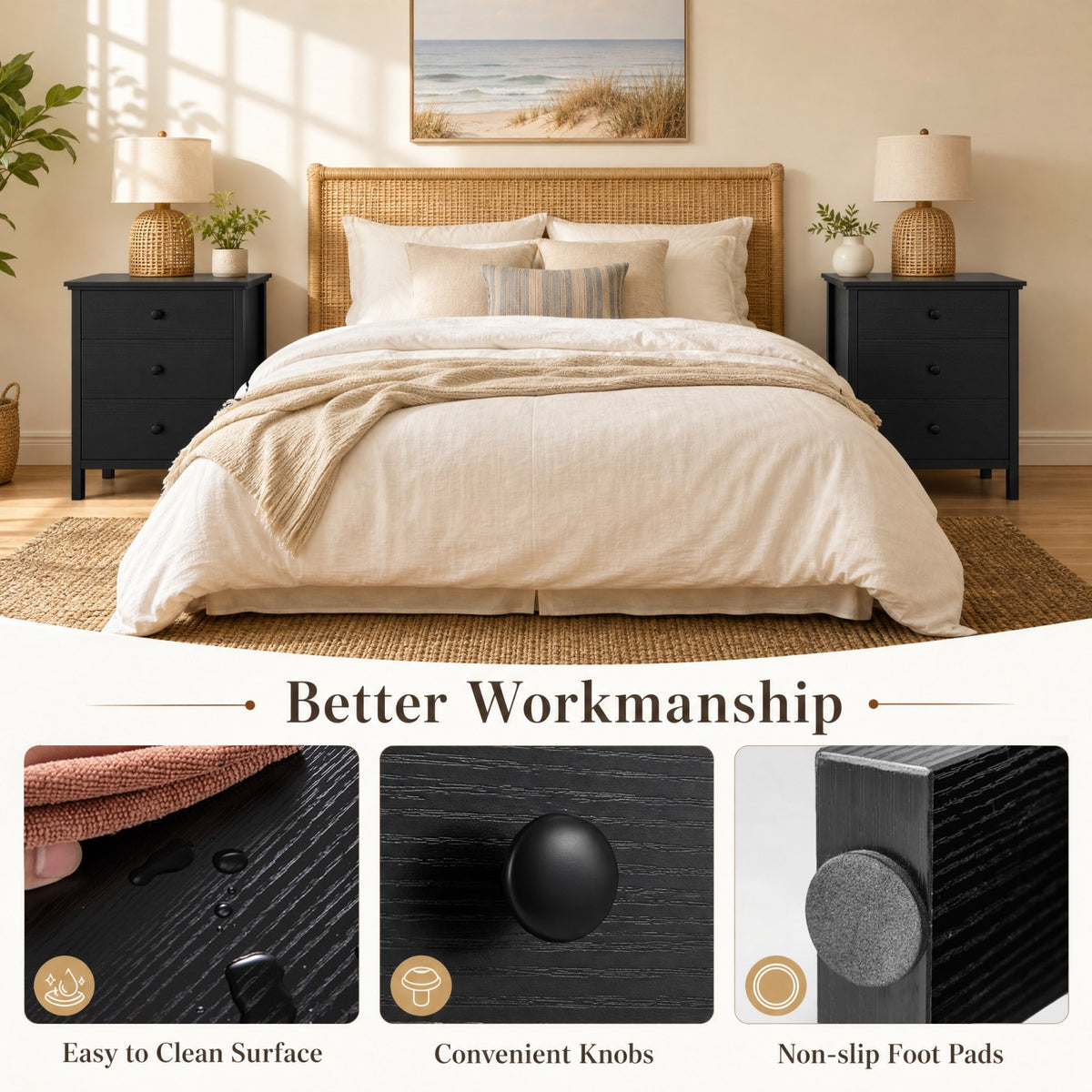 Goflame Modern 3-Drawer Nightstand Wooden Bedside Table
