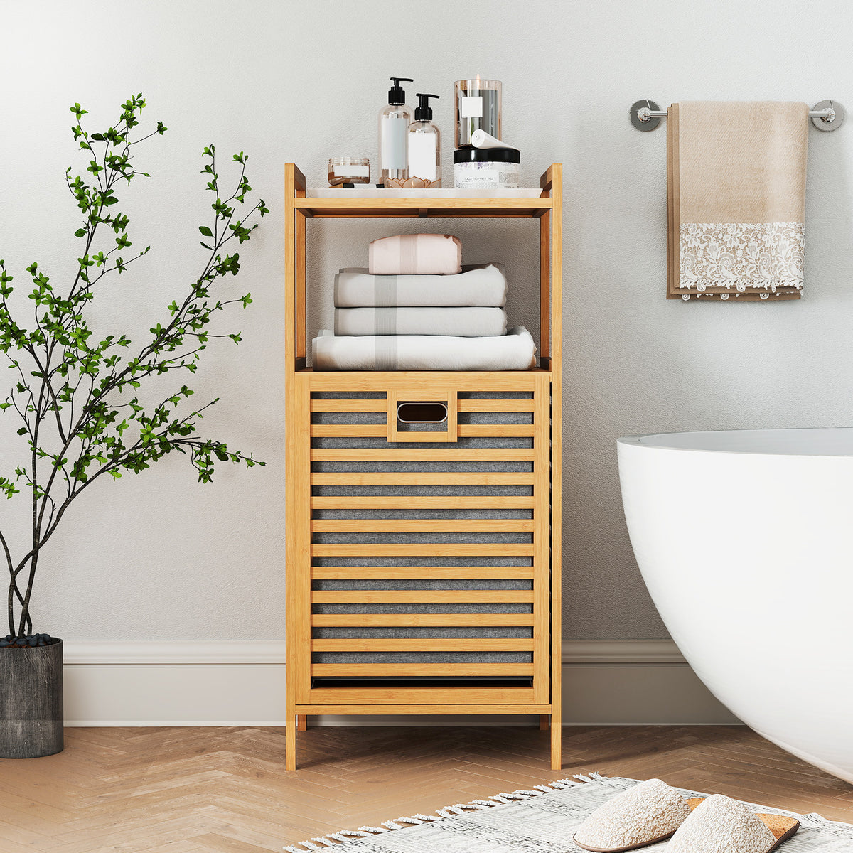 Tilt-out Laundry Hamper with 2-Tier Shelves, Bamboo Laundry Baskets Organizer with Removable & Foldable Fabric Liner