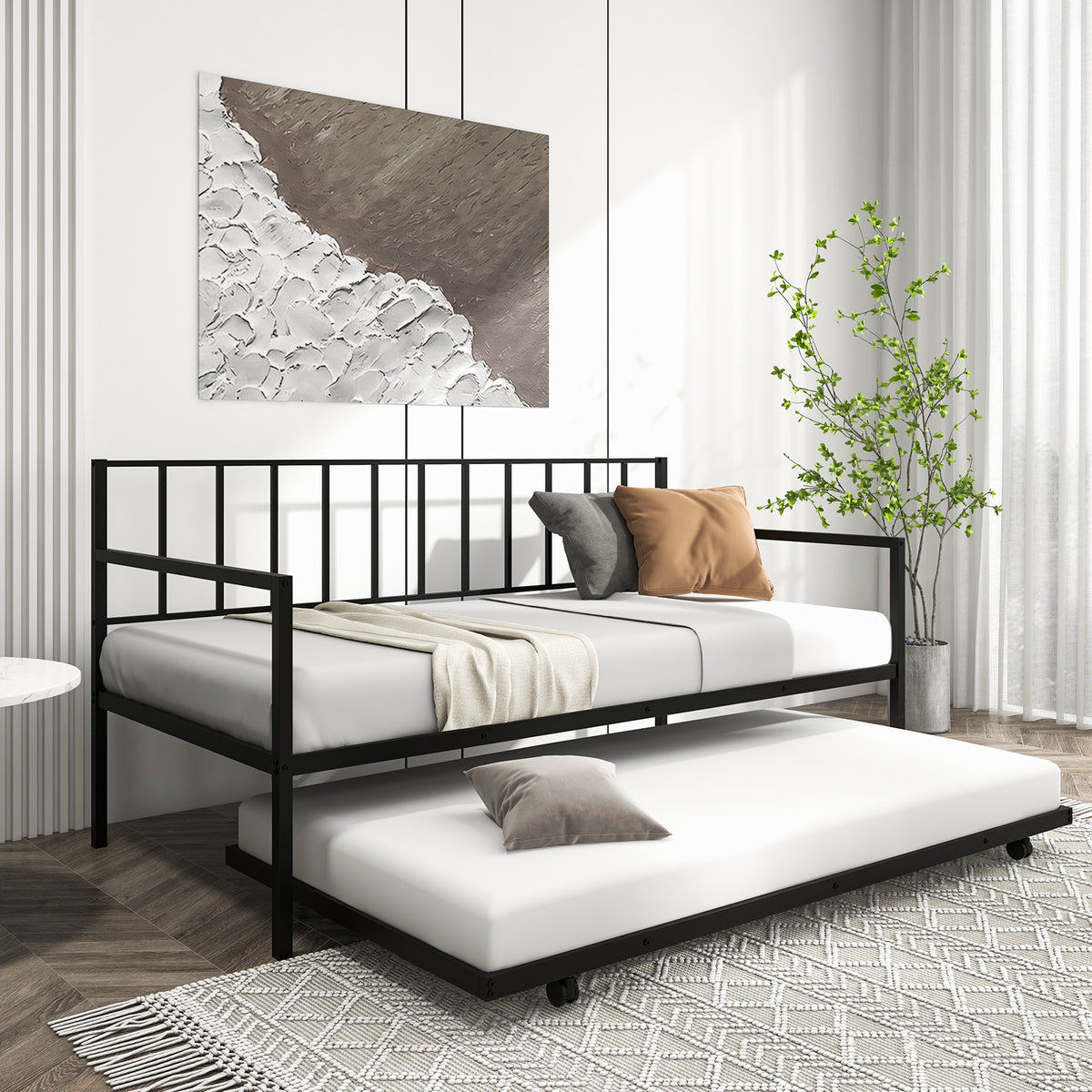Daybed with Trundle Twin Size, Space-Saving Sofa Bed Frame with Rolling Pull-Out Bed