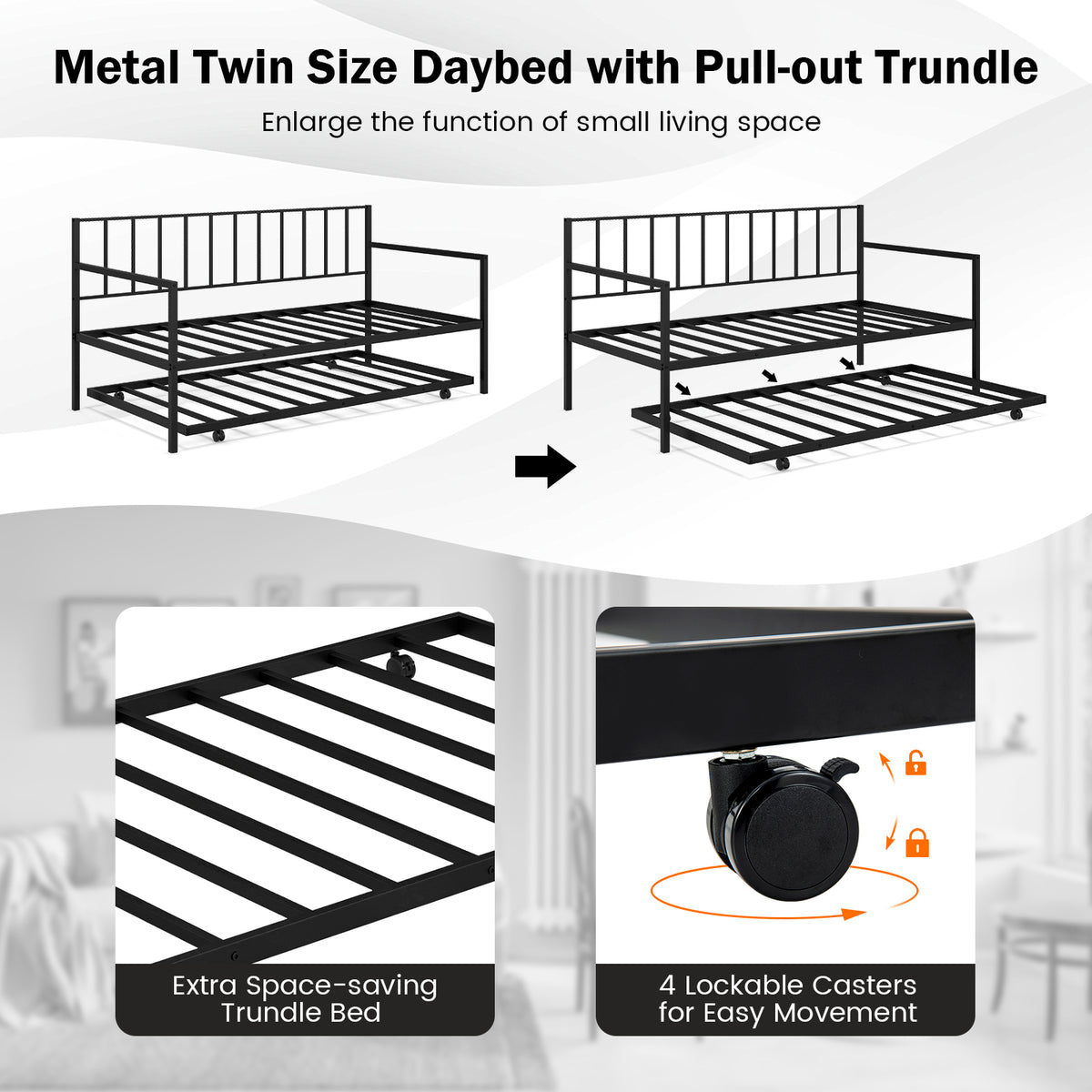 Daybed with Trundle Twin Size, Space-Saving Sofa Bed Frame with Rolling Pull-Out Bed