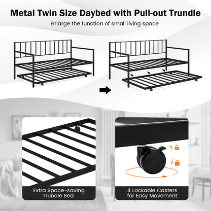 Daybed with Trundle Twin Size, Space-Saving Sofa Bed Frame with Rolling Pull-Out Bed