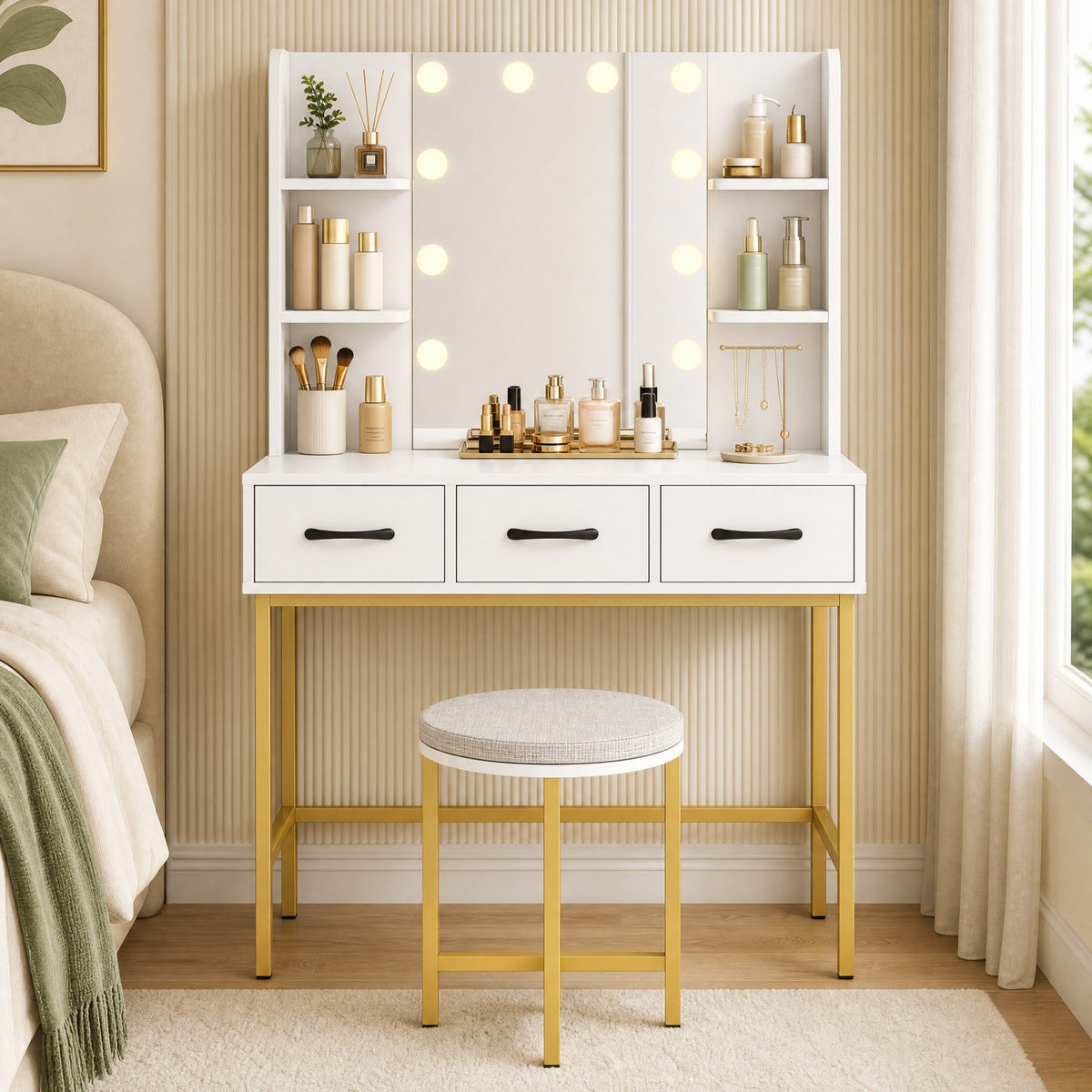 Vanity Desk with Lights & Charging Station, White & Gold Makeup Vanity with Chair