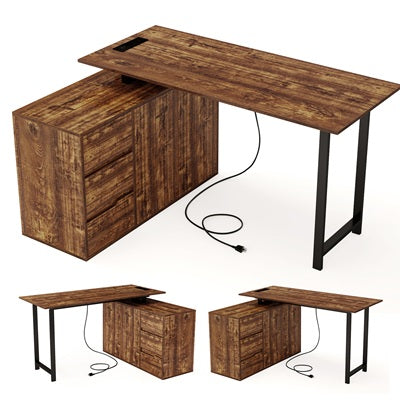 54.5” L Shaped Computer Desk with Power Outlet, Reversible Corner Desk with File Cabinet and 3 Drawers